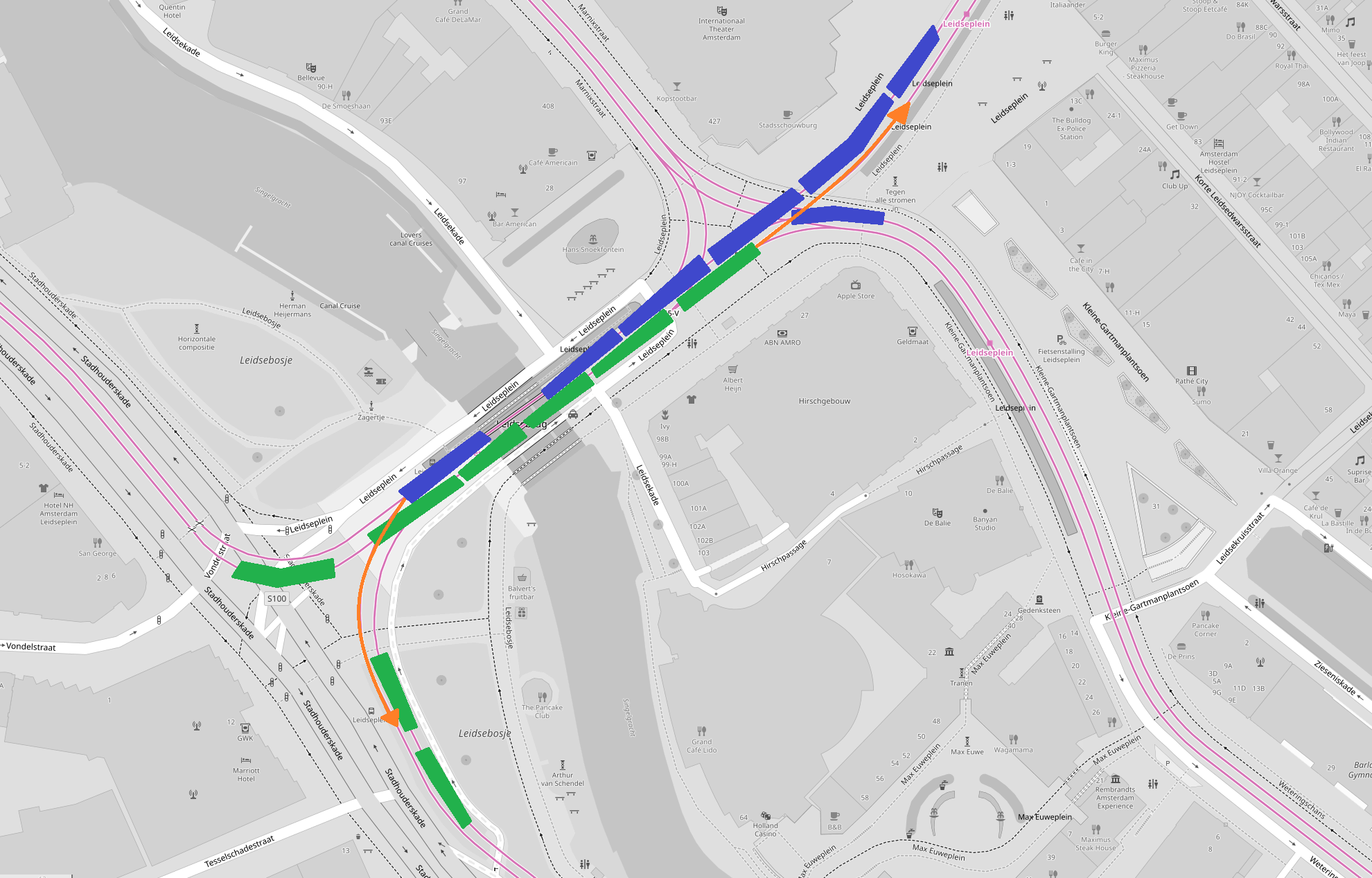 Tekening van trams die vast staan op Leidseplein, getekend op OpenRailwayMap